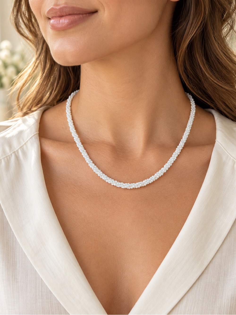 White Faux Pearl Multi Strand Woven Necklace Gold Tone Clasp Elegant Classic